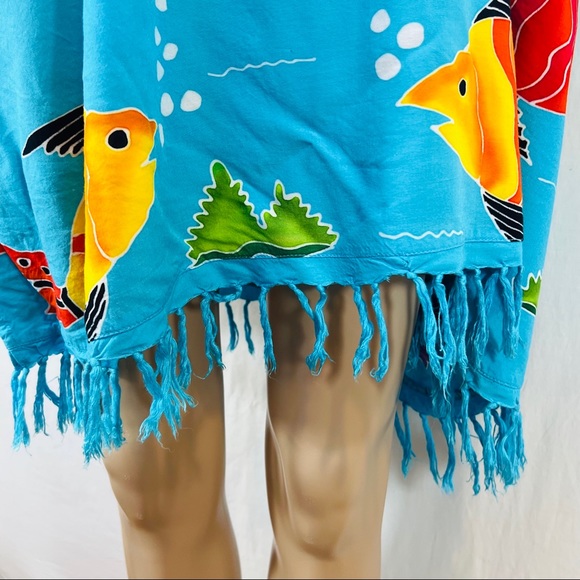 BOP caftan, Coverup, Lounge.    Rayon Aqua with fish  colorful. OS - Picture 5 of 7